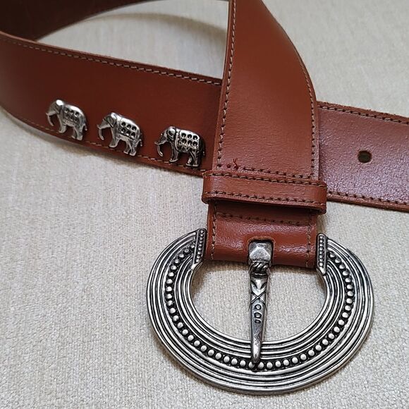 Brown Leather Wide Belt with Ornate Silver Buckle & Silver Elephant Studs Size S - Picture 10 of 10